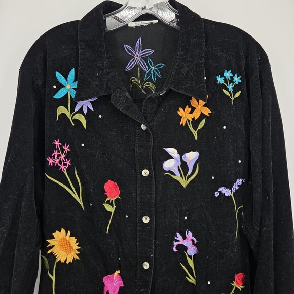 Vintage Quacker Corduroy Shirt Womens 2XL Floral Embroider Button Long Sleeve - Picture 2 of 10